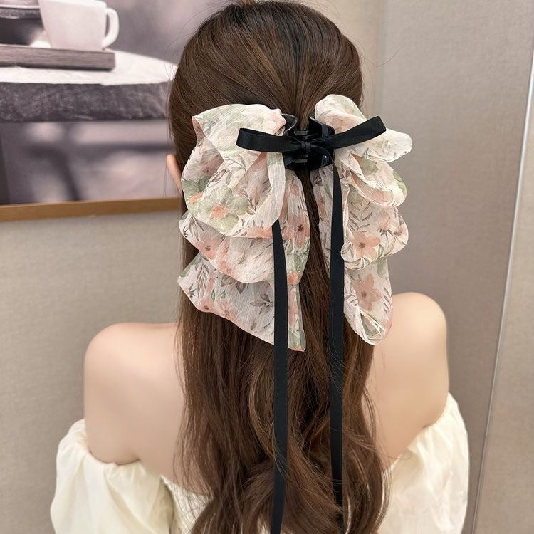 Wholesale Chiffon Fabric Romantic Floral Print Bow Gripper
